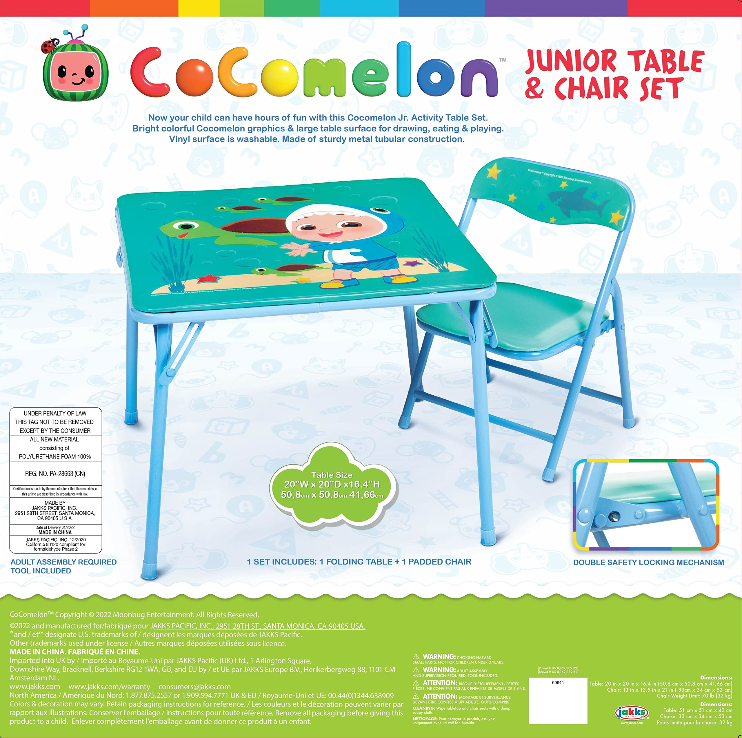 CoComelon Table & Chair Set for Toddlers 24-48M, Includes 1 Table & 1 Chair - Sturdy Metal Construction, Table: 20" L x 20" W x 16.4" H, Chair: 12" L x 11.6" W x 17.7" H - Weight Limit: 70 lbs - Image 8