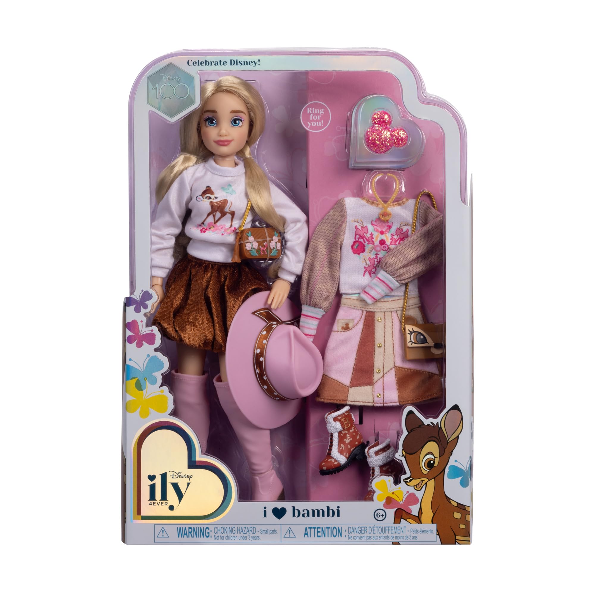 Disney ily 4EVER Dolls Disney 100 - Bambi 11.5" Tall with 13 Points of Articulation, Two Complete Mix-and-Match Outfits and Glittery Mickey Ring for You! - Image 6