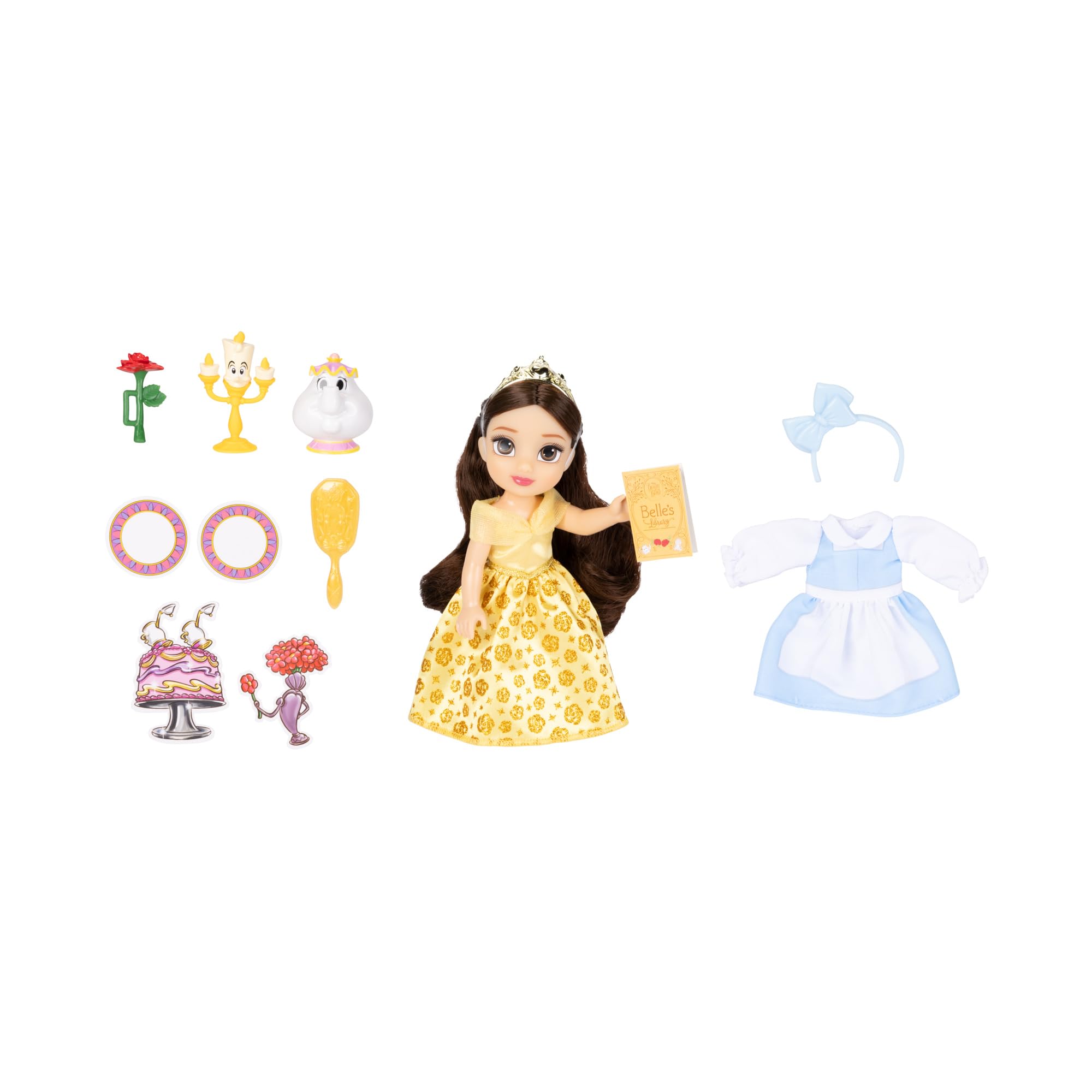 Disney Princess Belle Doll Be Our Guest Petite Belle Doll with Mrs. Potts & Lumiere, in Yellow Ball Gown and Blue Village Dress Fashions - Image 3