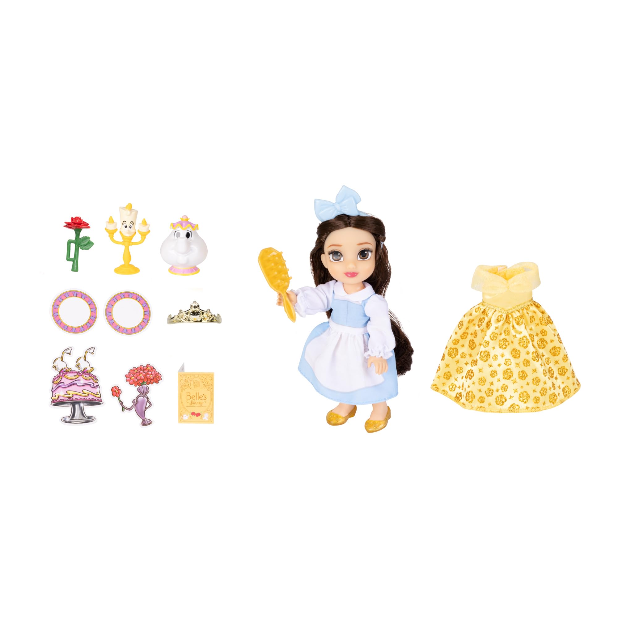 Disney Princess Belle Doll Be Our Guest Petite Belle Doll with Mrs. Potts & Lumiere, in Yellow Ball Gown and Blue Village Dress Fashions - Image 4