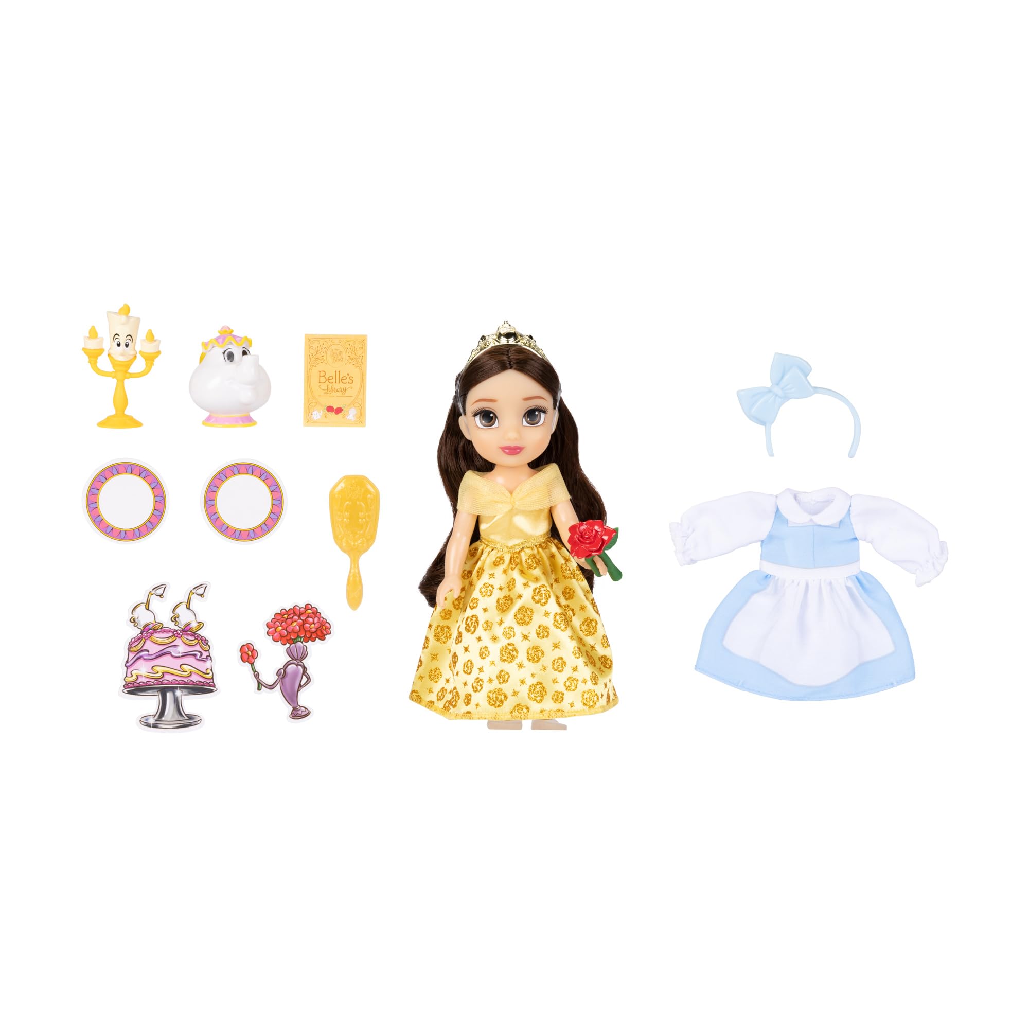 Disney Princess Belle Doll Be Our Guest Petite Belle Doll with Mrs. Potts & Lumiere, in Yellow Ball Gown and Blue Village Dress Fashions - Image 5