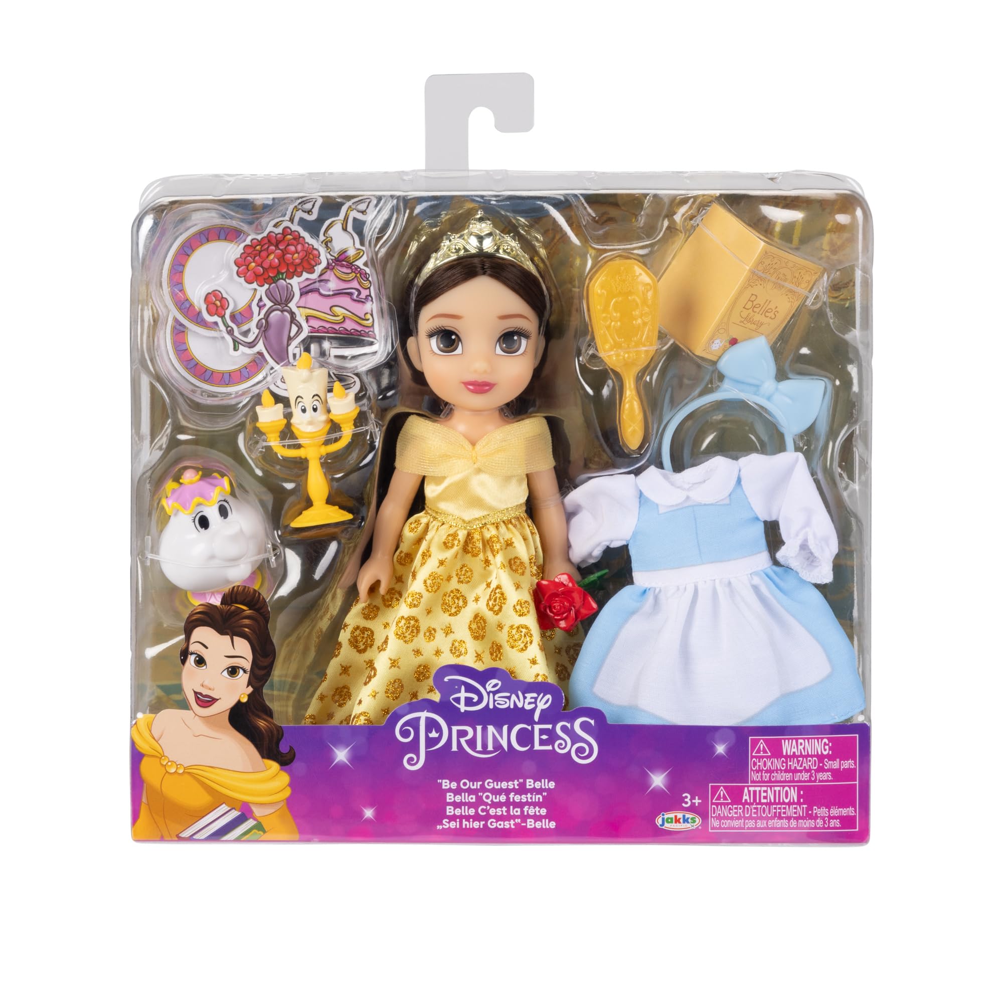 Disney Princess Belle Doll Be Our Guest Petite Belle Doll with Mrs. Potts & Lumiere, in Yellow Ball Gown and Blue Village Dress Fashions - Image 6