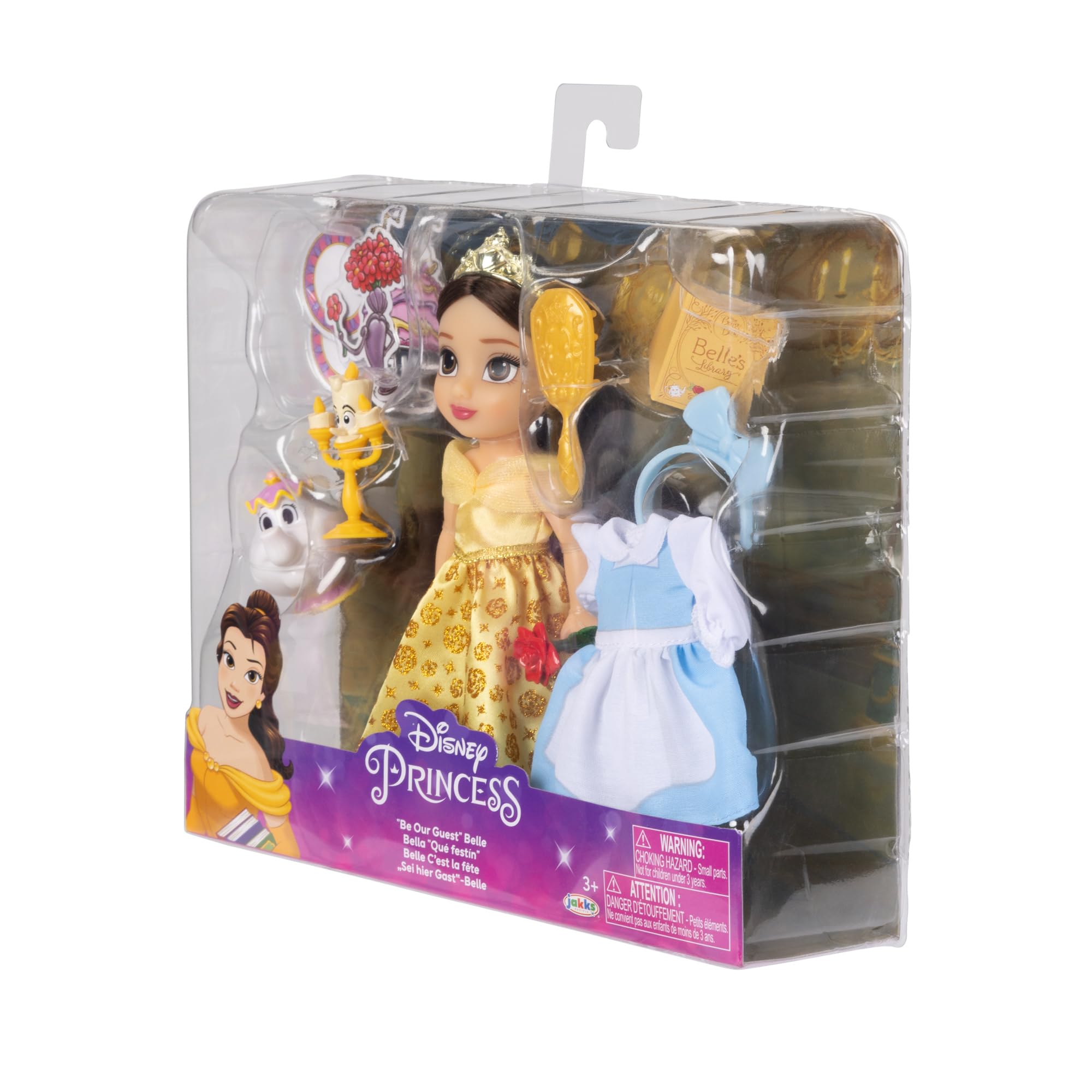 Disney Princess Belle Doll Be Our Guest Petite Belle Doll with Mrs. Potts & Lumiere, in Yellow Ball Gown and Blue Village Dress Fashions - Image 8