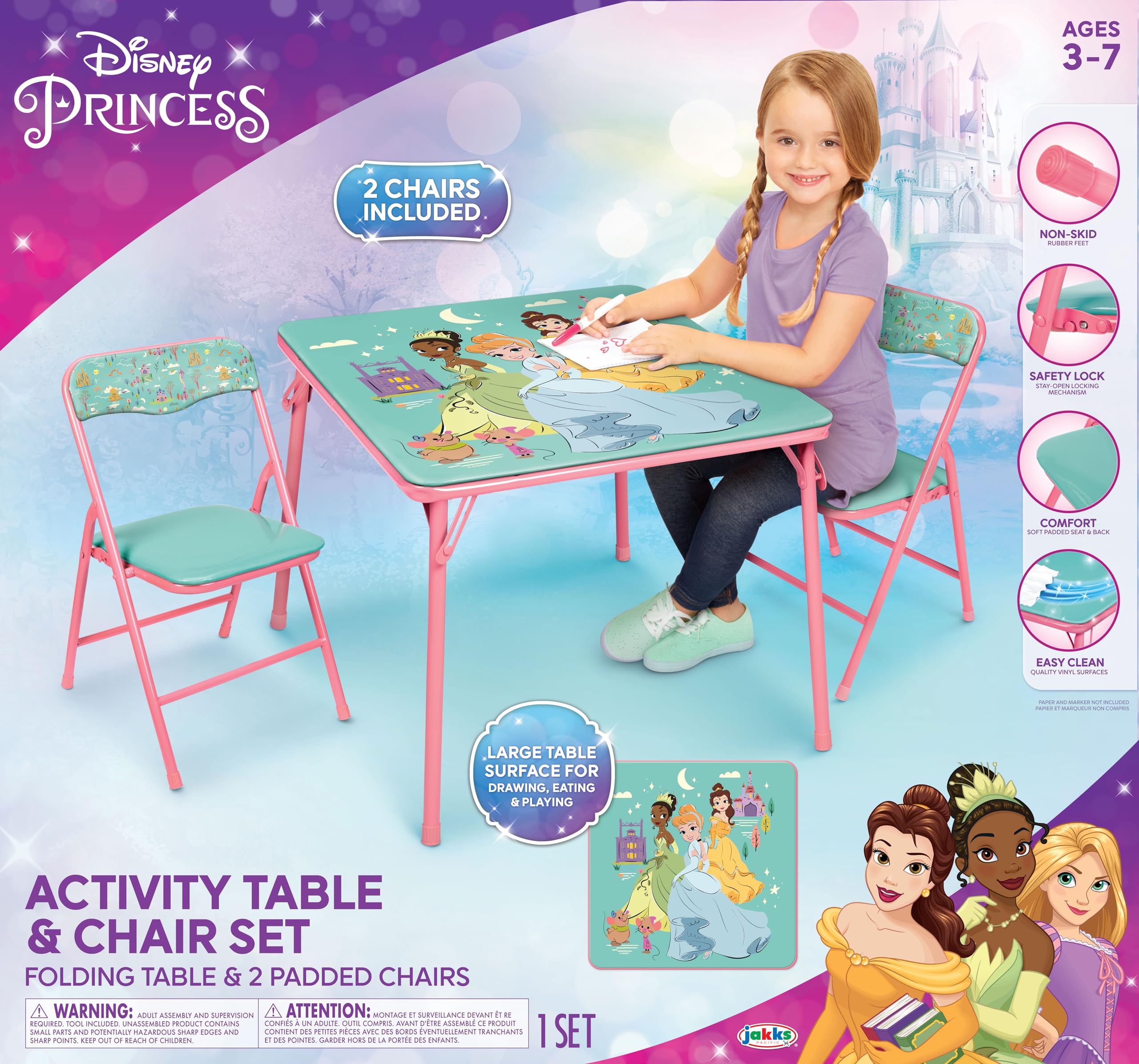 Disney Princess Girls Folding Table & Chairs Set for Kids and Toddlers 36 Months Up to 7 Years, Includes: 1 Table (36" L x 24" W x 20" H), 2 Chairs (13" L x 13.5" W x 21" H) Weight Limit: 70 lb - Image 7