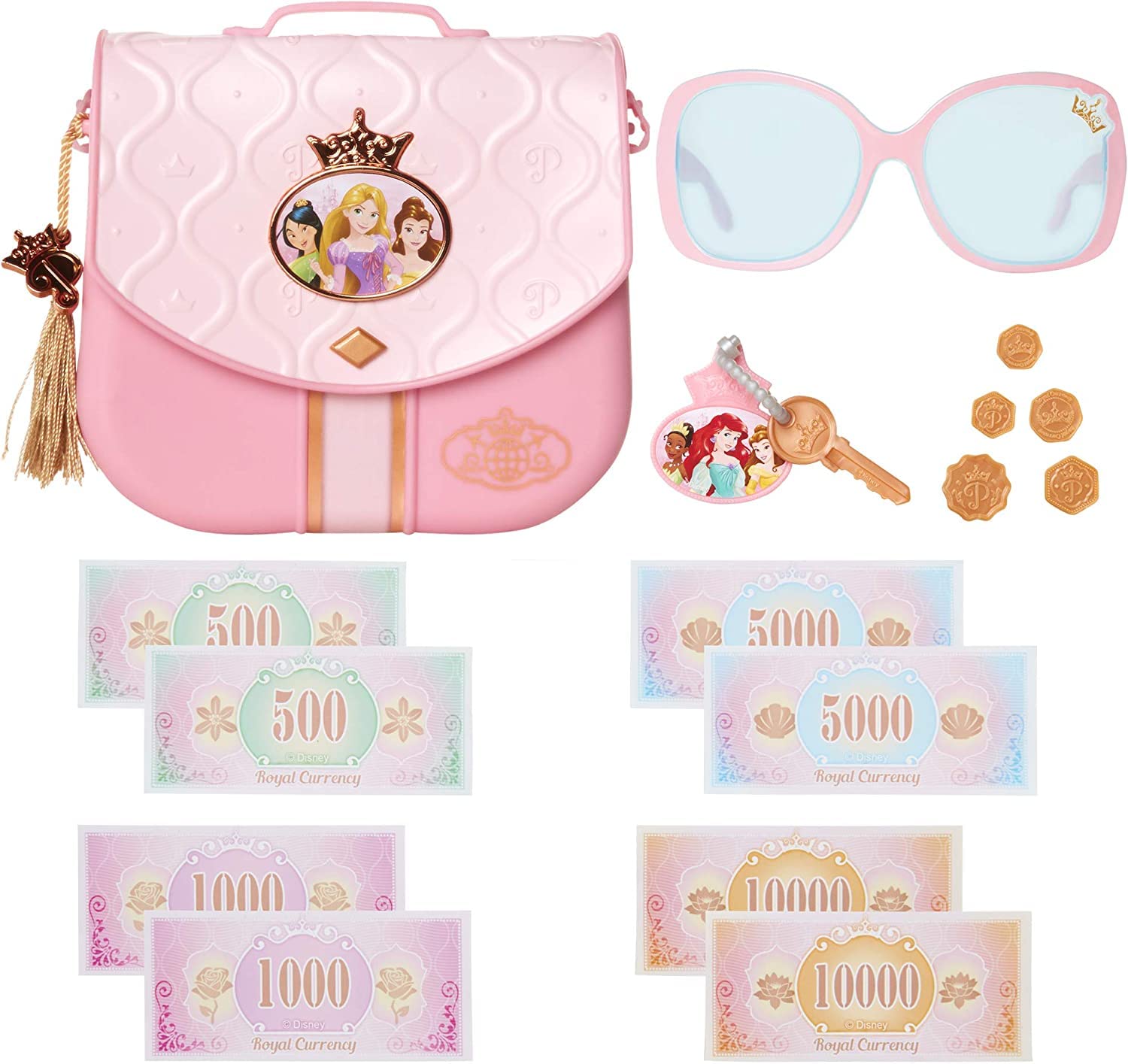 Disney Princess Style Collection World Traveler Purse Set Bag with Strap, Sunglasses, Key with Charm, 5 Coins & 8 Paper Bills for Girls Ages 3+ - Image 3