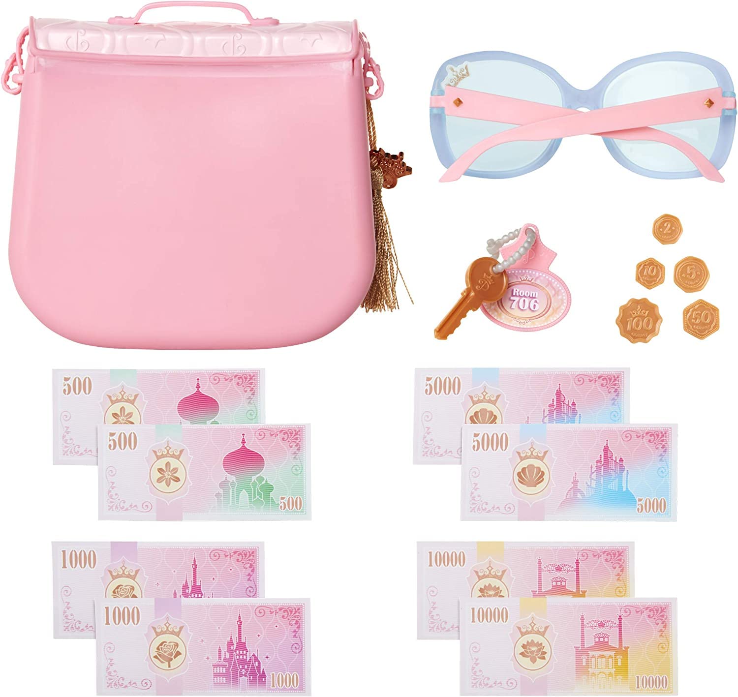Disney Princess Style Collection World Traveler Purse Set Bag with Strap, Sunglasses, Key with Charm, 5 Coins & 8 Paper Bills for Girls Ages 3+ - Image 4