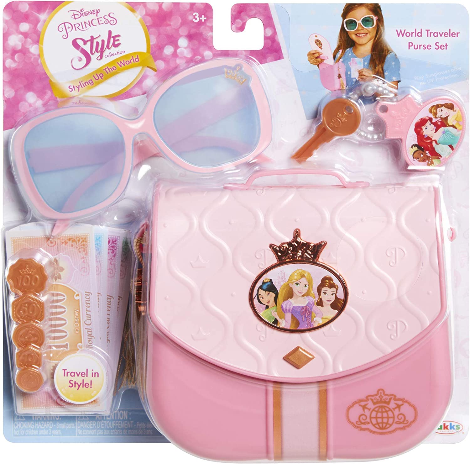 Disney Princess Style Collection World Traveler Purse Set Bag with Strap, Sunglasses, Key with Charm, 5 Coins & 8 Paper Bills for Girls Ages 3+ - Image 5